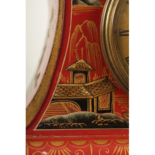 957 - A LATE 19TH CENTURY CHINESE STYLE SCARLET LACQUER CHINOISERIE DECORATED MANTEL CLOCK the pagoda shap... 