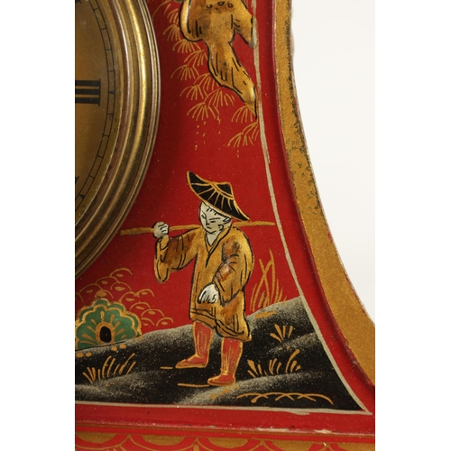 957 - A LATE 19TH CENTURY CHINESE STYLE SCARLET LACQUER CHINOISERIE DECORATED MANTEL CLOCK the pagoda shap... 