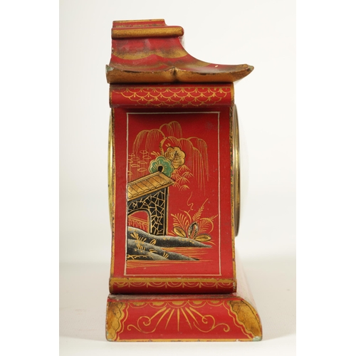 957 - A LATE 19TH CENTURY CHINESE STYLE SCARLET LACQUER CHINOISERIE DECORATED MANTEL CLOCK the pagoda shap... 