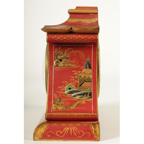 957 - A LATE 19TH CENTURY CHINESE STYLE SCARLET LACQUER CHINOISERIE DECORATED MANTEL CLOCK the pagoda shap... 