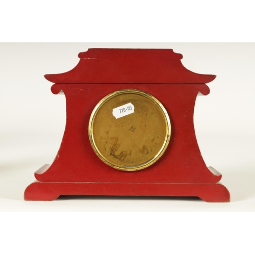 957 - A LATE 19TH CENTURY CHINESE STYLE SCARLET LACQUER CHINOISERIE DECORATED MANTEL CLOCK the pagoda shap... 