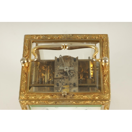 958 - A LATE 19TH CENTURY FRENCH REPEATING CARRIAGE CLOCK the gilt brass foliate relief work case with bev... 