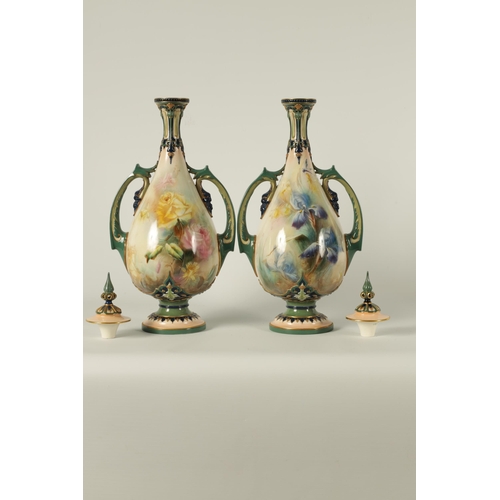 96 - A FINE PAIR OF HADLEYS' WORCESTER LARGE CABINET VASES AND COVERS of footed two-handled tapering bulb... 