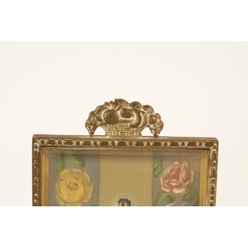 965 - A SMALL VINTAGE SWISS ORMOLU AND PINK MARBLE DESK CLOCK the gilt frame enclosing a floral painted di... 