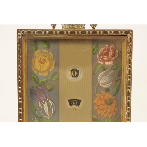 965 - A SMALL VINTAGE SWISS ORMOLU AND PINK MARBLE DESK CLOCK the gilt frame enclosing a floral painted di... 