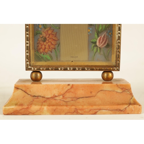 965 - A SMALL VINTAGE SWISS ORMOLU AND PINK MARBLE DESK CLOCK the gilt frame enclosing a floral painted di... 