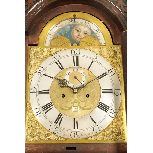 968 - HADWEN, LIVERPOOL. A GEORGE III FIGURED MAHOGANY 8 DAY MOON DIAL LONGCASE CLOCK No. 315 the 13