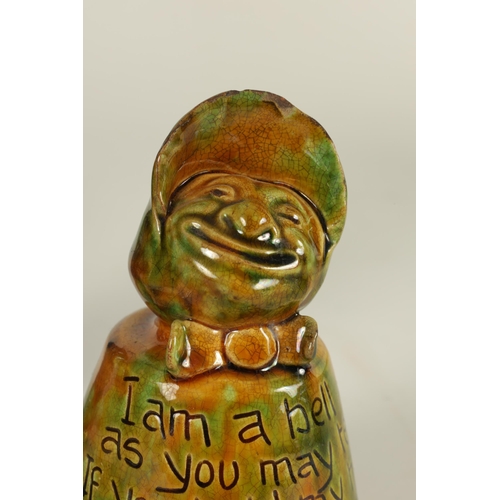 97 - A LATE 19TH CENTURY BARON ART POTTERY BARNSTAPLE SUFFRAGETTE BELL inscribed 'I am a bell as you may ... 