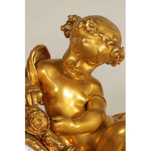 982 - A LARGE 19TH CENTURY FRENCH FIGURAL ORMOLU MANTEL CLOCK surmounted by two cherubs on a leaf work bas... 