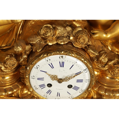 982 - A LARGE 19TH CENTURY FRENCH FIGURAL ORMOLU MANTEL CLOCK surmounted by two cherubs on a leaf work bas... 