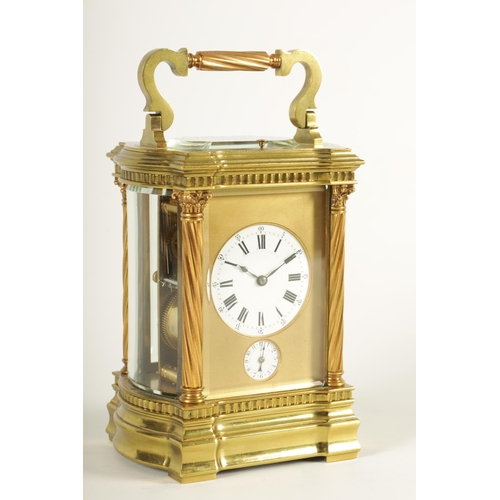 986 - A LARGE SIZe LATE 19TH CENTURY FRENCH BOW SIDED LACQUERED BRASS REPEATING CARRIAGE CLOCK WITH ALARM ... 