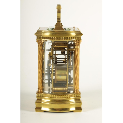 986 - A LARGE SIZe LATE 19TH CENTURY FRENCH BOW SIDED LACQUERED BRASS REPEATING CARRIAGE CLOCK WITH ALARM ... 