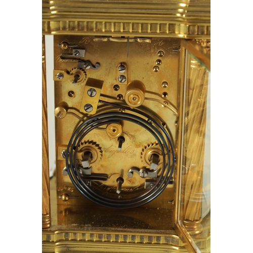 986 - A LARGE SIZe LATE 19TH CENTURY FRENCH BOW SIDED LACQUERED BRASS REPEATING CARRIAGE CLOCK WITH ALARM ... 