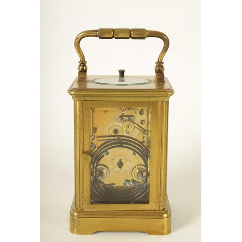 987 - A LATE 19TH CENTURY FRENCH EIGHT-DAY REPEATING BRASS CASED CARRIAGE CLOCK the masked dial with Arabi... 