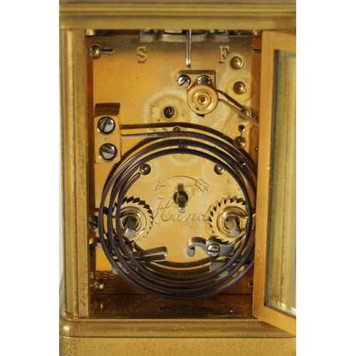 987 - A LATE 19TH CENTURY FRENCH EIGHT-DAY REPEATING BRASS CASED CARRIAGE CLOCK the masked dial with Arabi... 