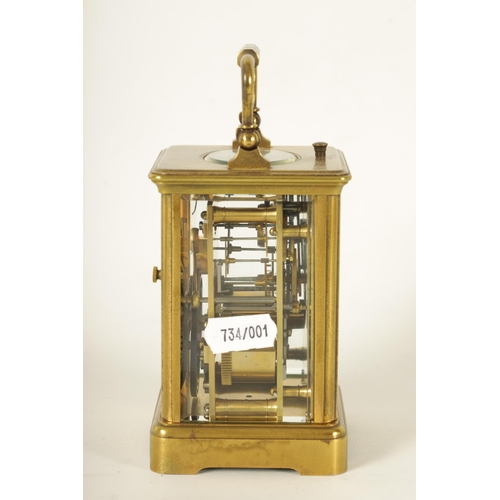 987 - A LATE 19TH CENTURY FRENCH EIGHT-DAY REPEATING BRASS CASED CARRIAGE CLOCK the masked dial with Arabi... 