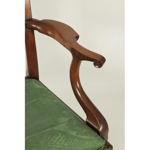 1201 - AN EARLY GEORGE III CHIPPENDALE DESIGN MAHOGANY OPEN ARM CHAIR OF GENEROUS SIZE the shaped top rail ... 