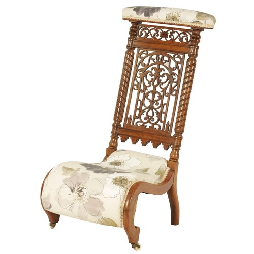 1202 - A 19TH CENTURY FIGURED ROSEWOOD PRAYER CHAIR with fret work back flanked by twisted columns and low ... 