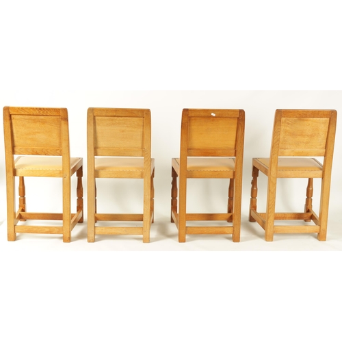 1203 - A SET OF SIX ROBERT 'MOUSEMAN' THOMPSON AZED OAK DINING CHAIRS with panel backs and hide leather sea... 