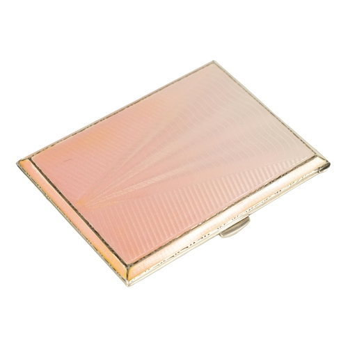 301 - AN ART DECO SILVER AND GUILLOCHE ENAMEL LADIES CIGARETTE CASE decorated with a graduated pink to whi... 