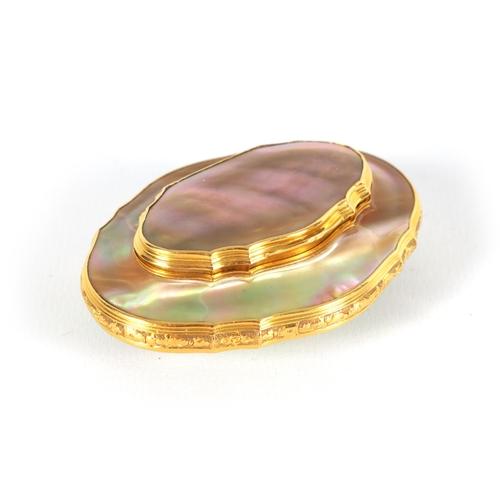 302 - A 19TH CENTURY CONTINENTAL 18CT GOLD MOUNTED ABALONE SHELL SNUFF BOX of shaped stepped design, folia... 