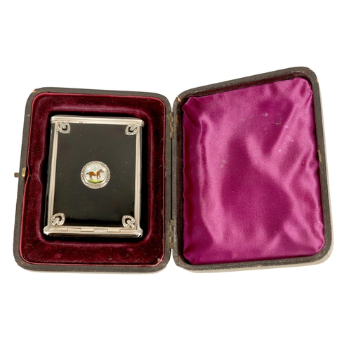 304 - A LATE 19TH/EARLY 20TH CENTURY SILVER AND BLACK ENAMEL LADIES CIGARETTE CASE with sprung end and hin... 