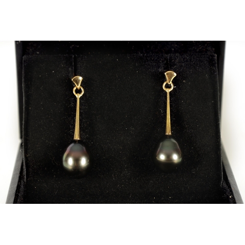 305 - A LARGE PAIR OF 18CT GOLD AND BLACK PEARL DROP EARRINGS Total weight app. 7.8g (36mm long)