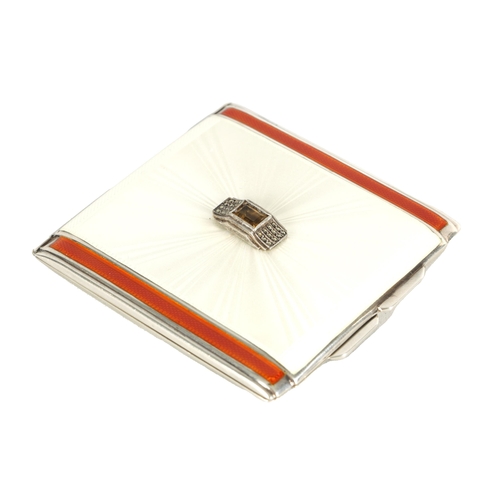 313 - AN ART DECO SILVER AND GUILLOCHE ENAMEL SQUARE POWDER COMPACT with white and orange sunburst pattern... 