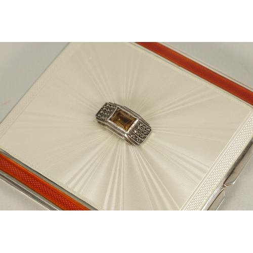 313 - AN ART DECO SILVER AND GUILLOCHE ENAMEL SQUARE POWDER COMPACT with white and orange sunburst pattern... 