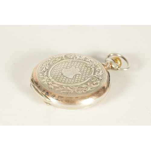 316 - A SILVER ART NOUVEAU FULL HUNTER POCKET WATCH AND CHAIN with enamel dial, Arabic numerals and subsid... 