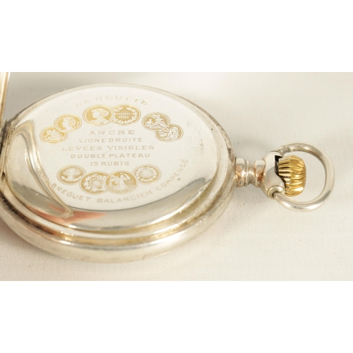 316 - A SILVER ART NOUVEAU FULL HUNTER POCKET WATCH AND CHAIN with enamel dial, Arabic numerals and subsid... 