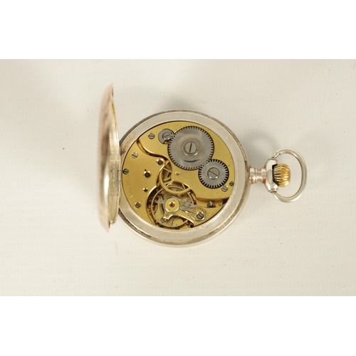 316 - A SILVER ART NOUVEAU FULL HUNTER POCKET WATCH AND CHAIN with enamel dial, Arabic numerals and subsid... 