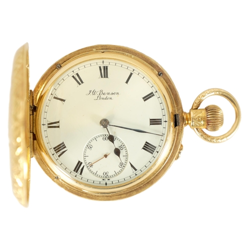 320 - J.W. BENSON, LONDON. A FULLY ENGRAVED 18CT GOLD HALF HUNTER POCKET WATCH the spring loaded cover wit... 