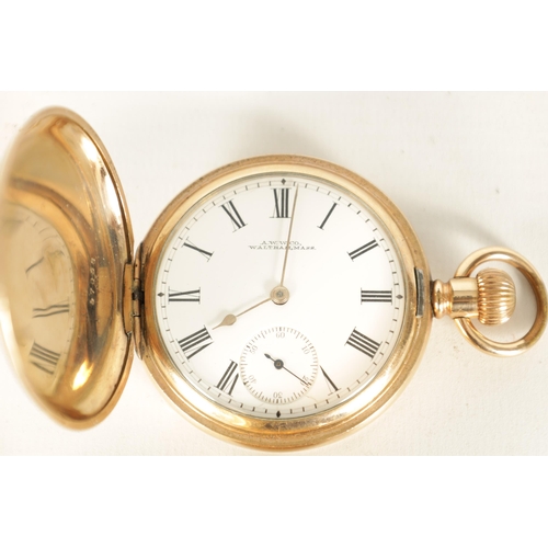 322 - TWO GOLD PLATED FULL HUNTER WALTHAM POCKET WATCHES both with enamel dials and Roman chapter rings, f... 