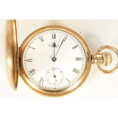 322 - TWO GOLD PLATED FULL HUNTER WALTHAM POCKET WATCHES both with enamel dials and Roman chapter rings, f... 