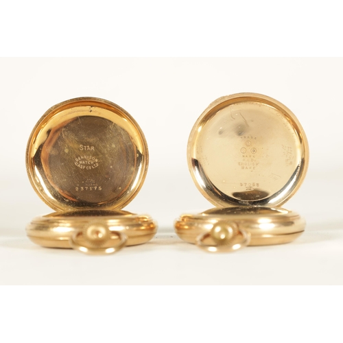 322 - TWO GOLD PLATED FULL HUNTER WALTHAM POCKET WATCHES both with enamel dials and Roman chapter rings, f... 