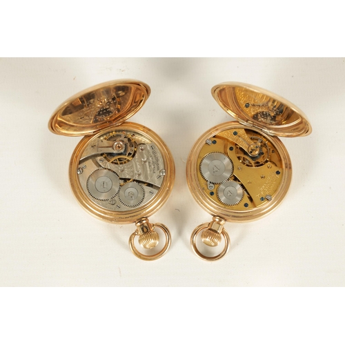 322 - TWO GOLD PLATED FULL HUNTER WALTHAM POCKET WATCHES both with enamel dials and Roman chapter rings, f... 