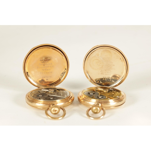 322 - TWO GOLD PLATED FULL HUNTER WALTHAM POCKET WATCHES both with enamel dials and Roman chapter rings, f... 