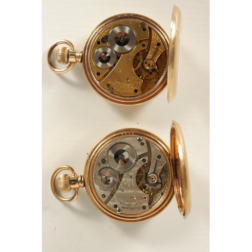 322 - TWO GOLD PLATED FULL HUNTER WALTHAM POCKET WATCHES both with enamel dials and Roman chapter rings, f... 