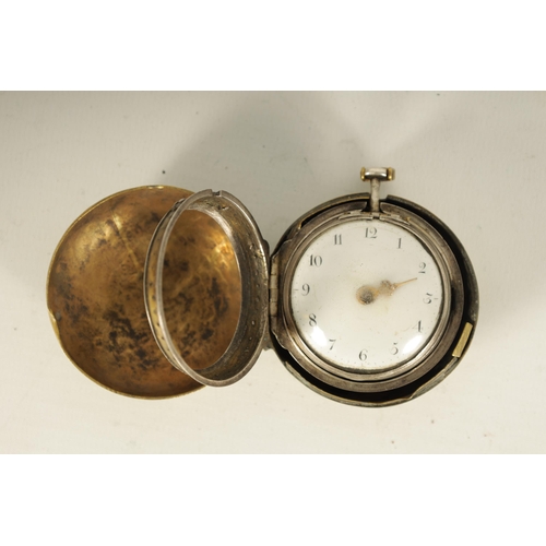 323 - J. PEAT, LONDON. AN EARLY 18TH CENTURY PAIR CASED VERGE SILVER AND TORTOISESHELL POCKET WATCH the Ar... 