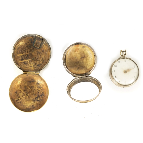 323 - J. PEAT, LONDON. AN EARLY 18TH CENTURY PAIR CASED VERGE SILVER AND TORTOISESHELL POCKET WATCH the Ar... 