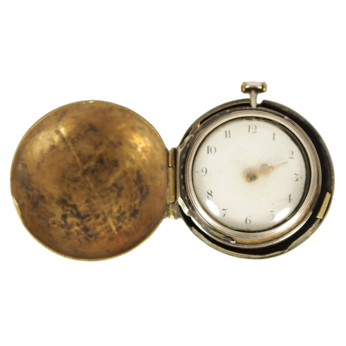 323 - J. PEAT, LONDON. AN EARLY 18TH CENTURY PAIR CASED VERGE SILVER AND TORTOISESHELL POCKET WATCH the Ar... 