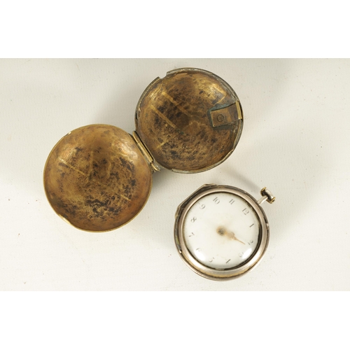 323 - J. PEAT, LONDON. AN EARLY 18TH CENTURY PAIR CASED VERGE SILVER AND TORTOISESHELL POCKET WATCH the Ar... 