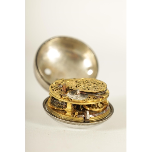 323 - J. PEAT, LONDON. AN EARLY 18TH CENTURY PAIR CASED VERGE SILVER AND TORTOISESHELL POCKET WATCH the Ar... 