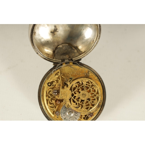 323 - J. PEAT, LONDON. AN EARLY 18TH CENTURY PAIR CASED VERGE SILVER AND TORTOISESHELL POCKET WATCH the Ar... 