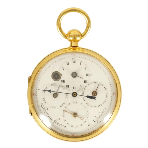 327 - BONNA FRES A GENEVE NO. 2089. A SWISS MULTI DIAL OPEN FACED POCKET WATCH The gold plated case enclos... 