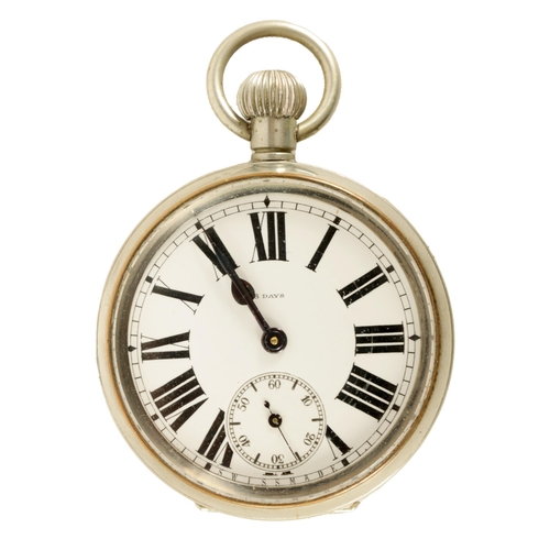 329 - A RARE EARLY 20TH CENTURY SWISS EIGHT DAY OPEN FACE POCKET WATCH the nickel case enclosing a white e... 