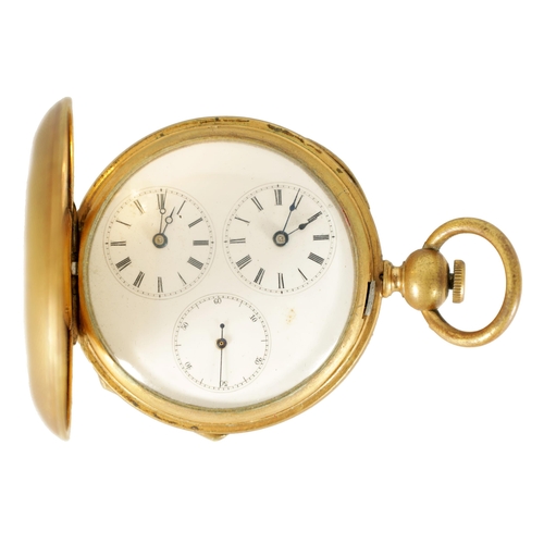 330 - AN EARLY 20TH CENTURY SWISS DUAL DIAL CAPTAINS HUNTER POCKET WATCH the gold plated case with engine-... 