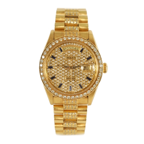 335 - A GENTLEMAN'S 18CT GOLD DIAMOND AND SAPPHIRE ROLEX PRESIDENT DAY/DATE WRISTWATCH on 18ct gold and di... 