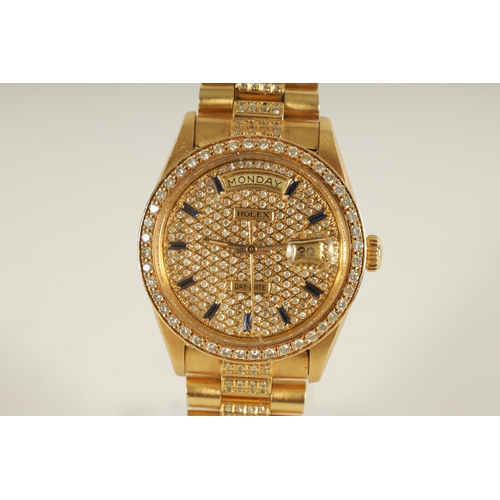 335 - A GENTLEMAN'S 18CT GOLD DIAMOND AND SAPPHIRE ROLEX PRESIDENT DAY/DATE WRISTWATCH on 18ct gold and di... 